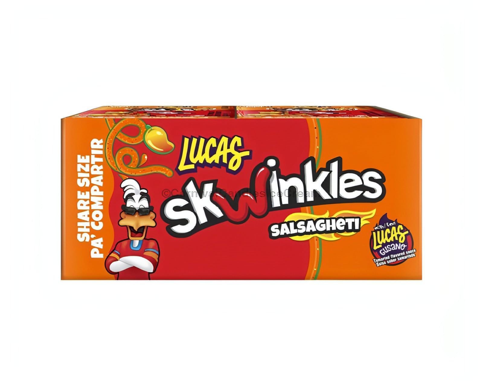 Lucas Salsaghetti Mango K.S, Mexican candy shaped like spaghetti with chili-tamarind powder and mango flavor.