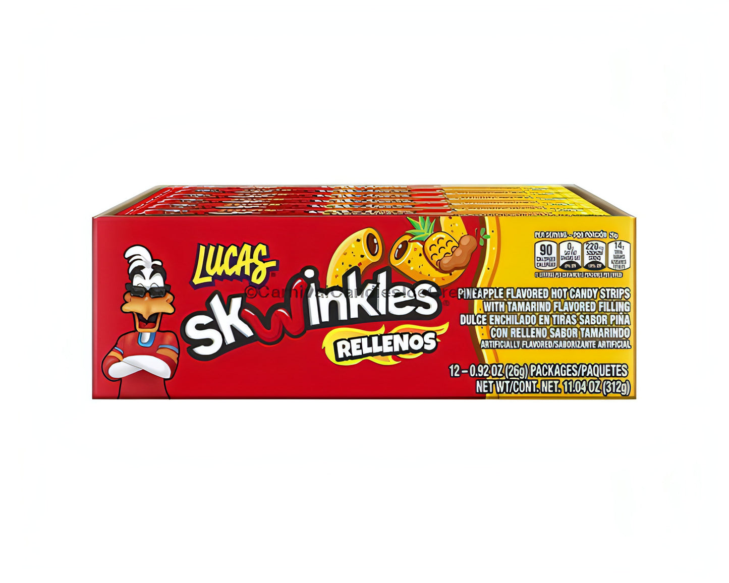 Lucas Skwinkles Rellenos spicy pineapple flavored hot candy straws with tamarind filling, 12 count package.