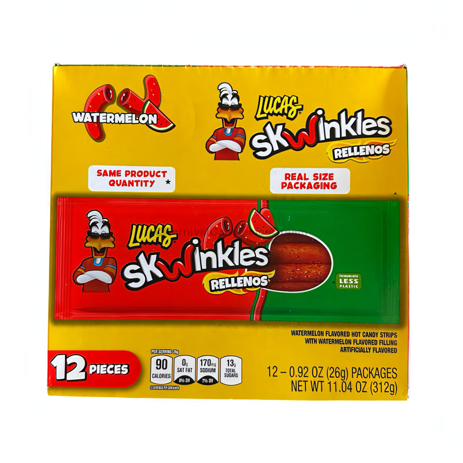 Lucas Skwinkles Rellenos Watermelon candy pack, featuring 12 pieces of spicy tamarind-filled Mexican candy.