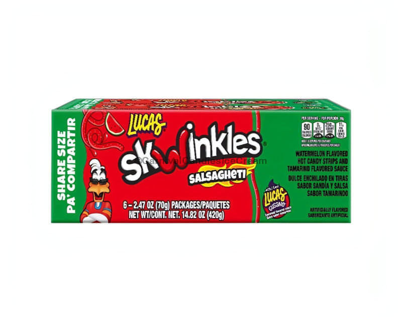 Lucas Salsaghetti watermelon flavored Mexican candy box featuring sweet and spicy tubular gummies with tamarind sauce.