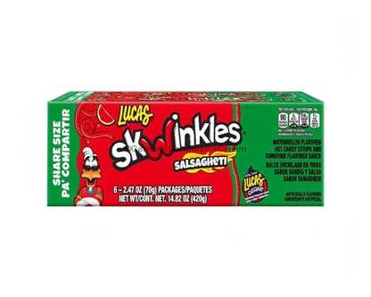 Lucas Salsaghetti watermelon flavored Mexican candy box featuring sweet and spicy tubular gummies with tamarind sauce.