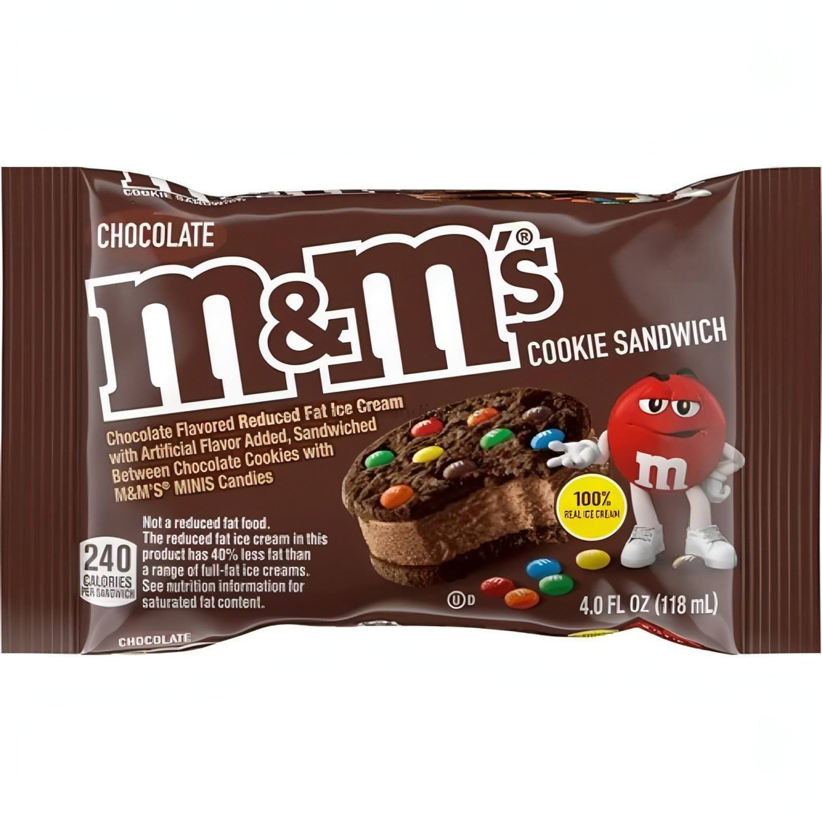M&M Chocolate Ice Cream Sandwich pack featuring creamy ice cream and colorful candies, available in bulk.
