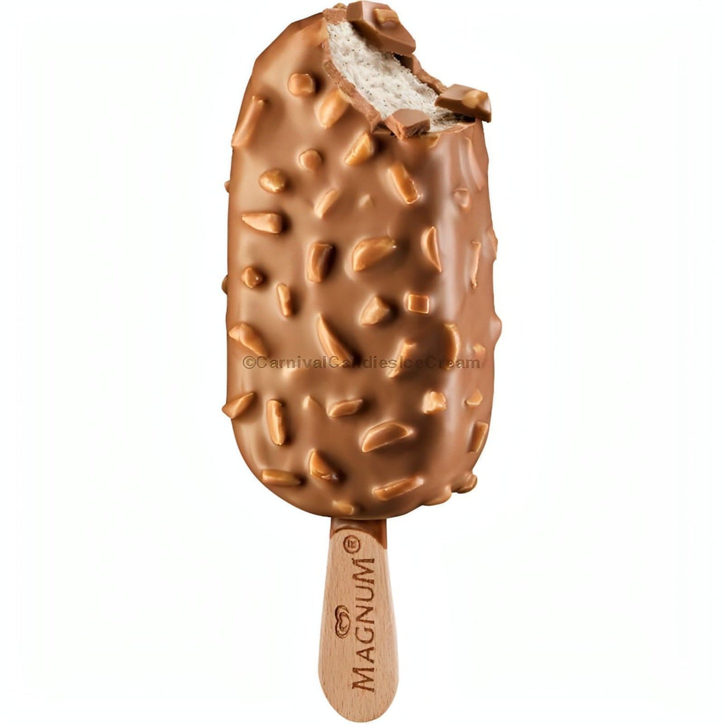 Magnum Almond Vanilla Ice Cream Bar with bite taken, crunchy almond coating, ideal for bulk ice cream indulgence.
