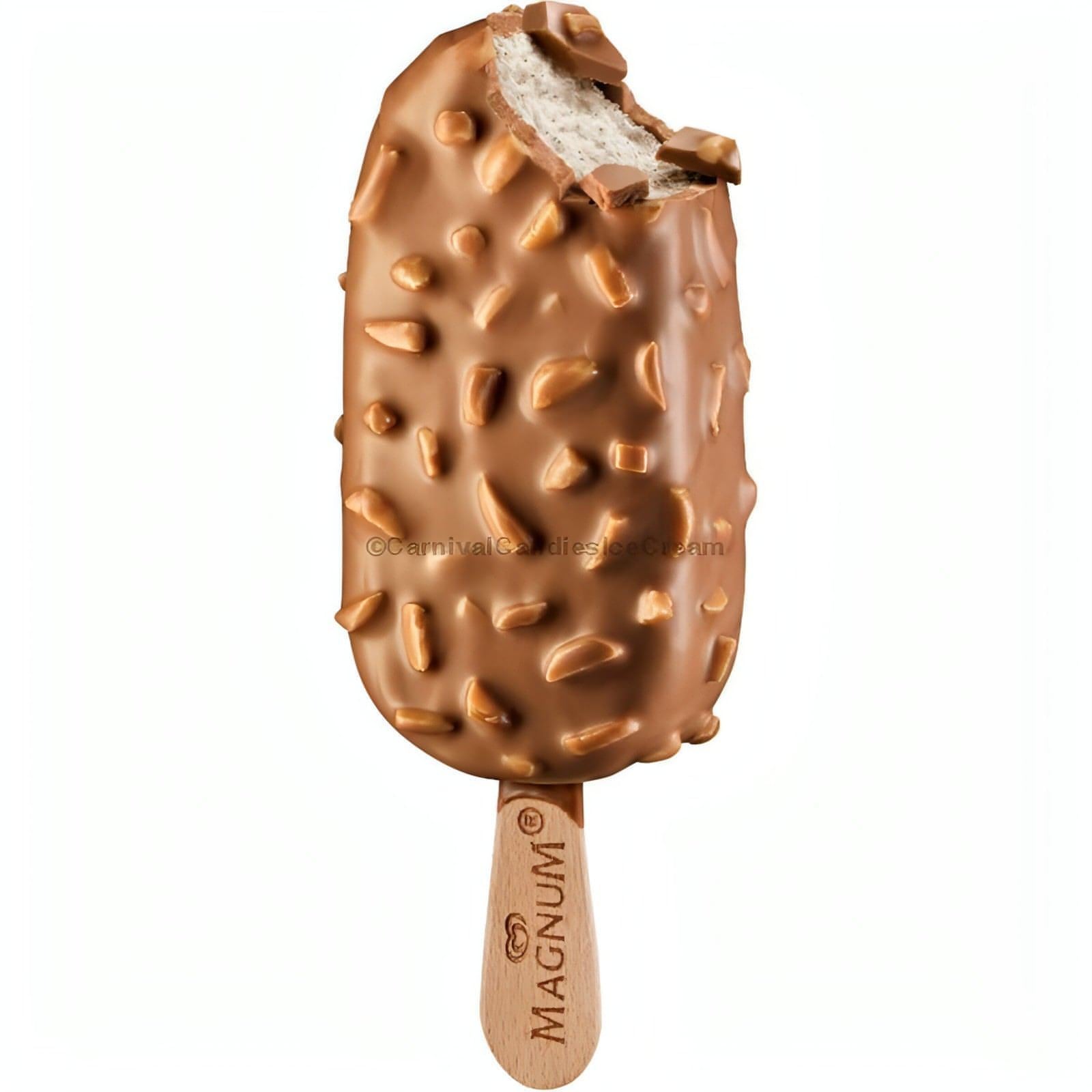 Magnum Almond Vanilla Ice Cream Bar with bite taken, crunchy almond coating, ideal for bulk ice cream indulgence.