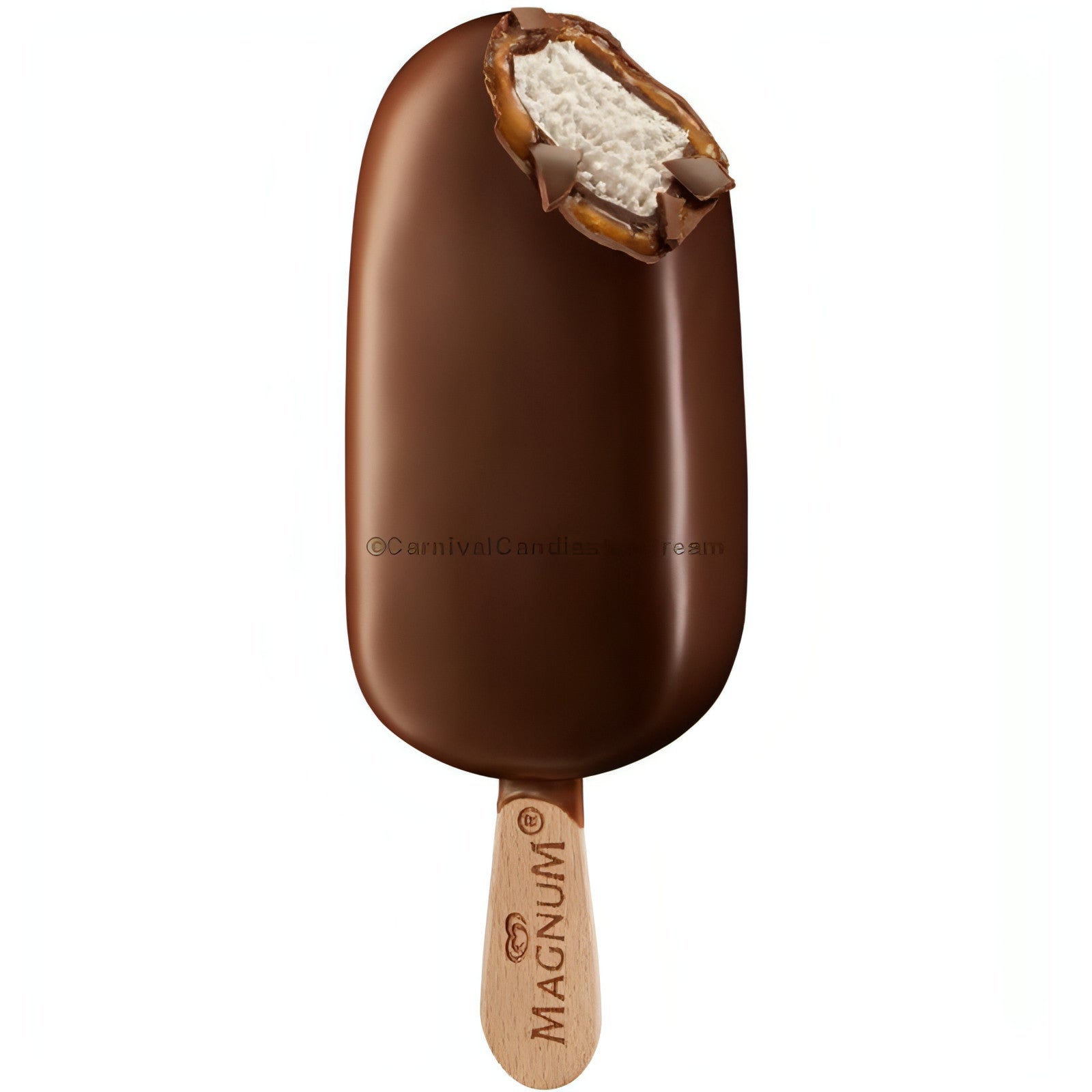 Magnum Caramel Vanilla Ice Cream Bar with a bite taken out, featuring rich chocolate coating and creamy filling. Perfect for bulk ice cream lovers.