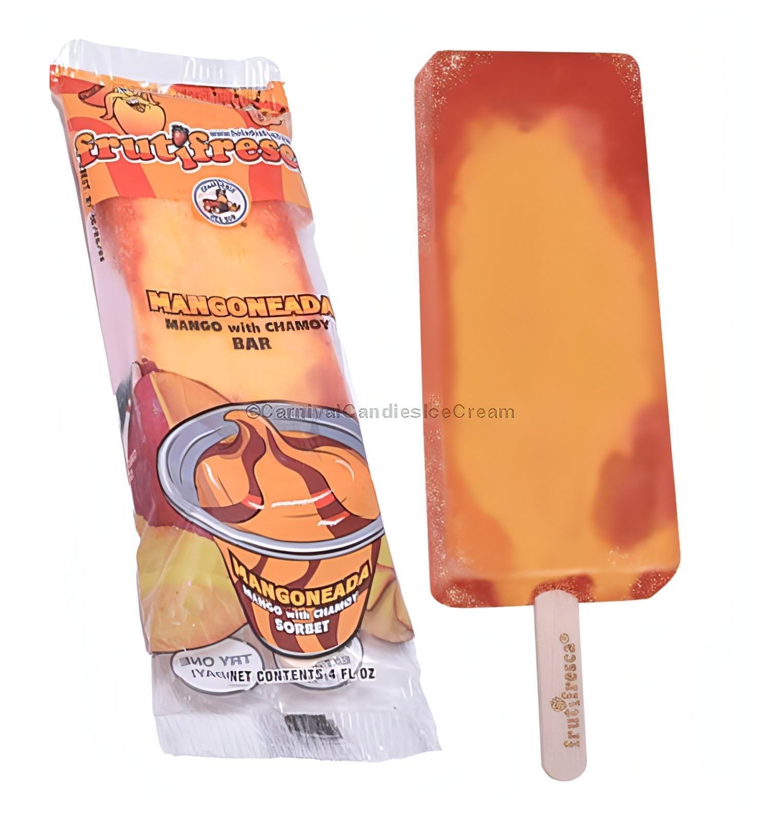Mangoneada Chamoy mango fruit bar with packaging. Perfect bulk ice cream snack for indulging on-the-go.