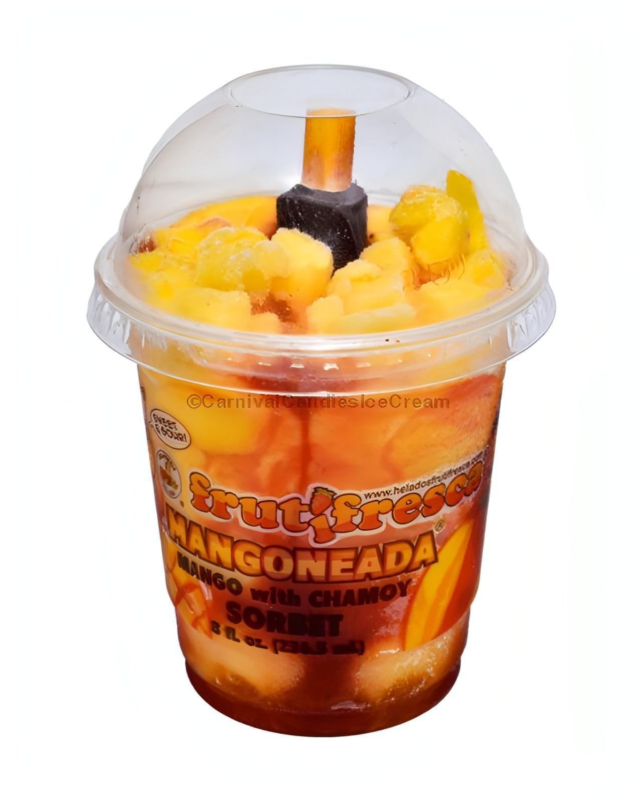 Fruiti-Fresca Mangoneada Ice Cream Cup with stick, mango ice cream topped with chamoy and fresh mango slices, bulk ice cream, 12 count.