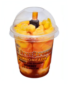 Fruiti-Fresca Mangoneada Ice Cream Cup with stick, mango ice cream topped with chamoy and fresh mango slices, bulk ice cream, 12 count.