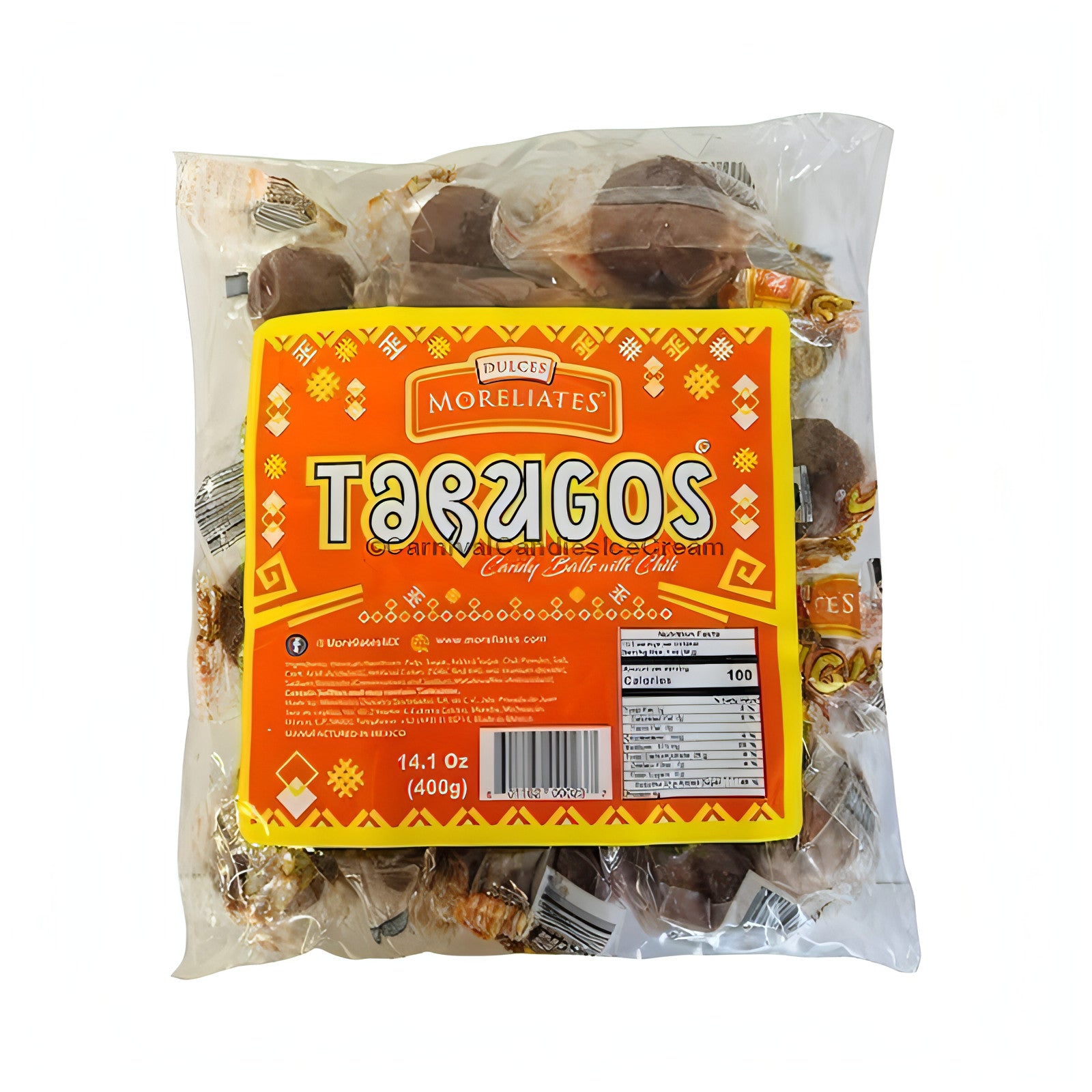 Moreliates Tarugos Tamarindo chewy gummy ball candy in a 400g bag, featuring chili and sugar coating, perfect for bulk Mexican candy.