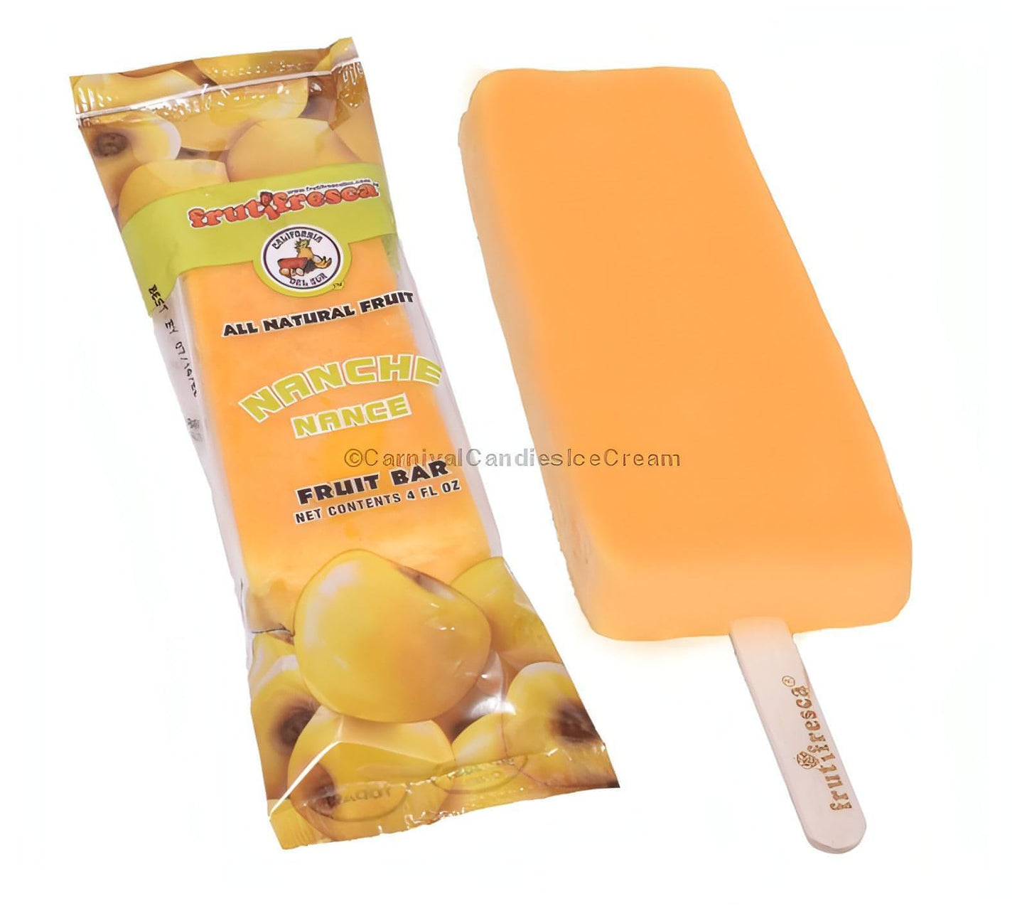 Nanche fruit bar alongside packaging, available in a 12 count for local pick-up; ideal for bulk ice cream lovers.
