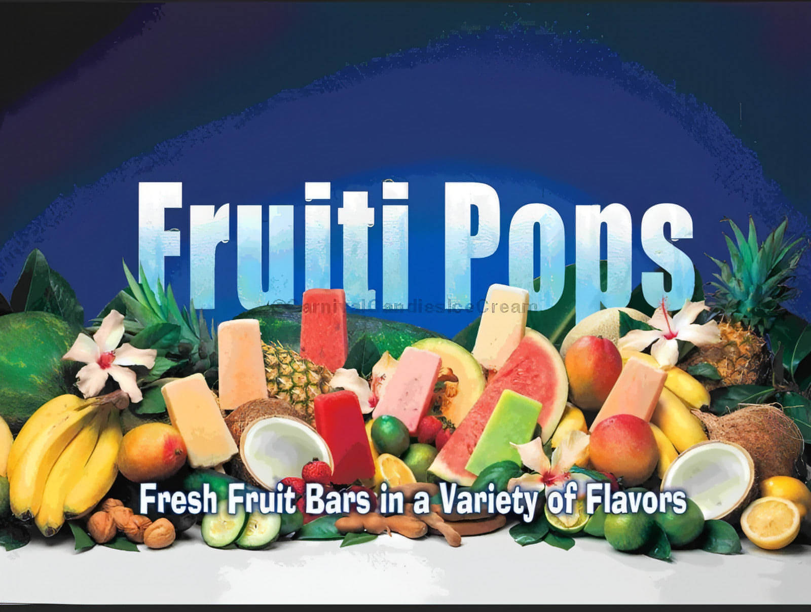 Colorful display of fruit pops with fresh fruits, showcasing a variety of flavors and vibrant colors.