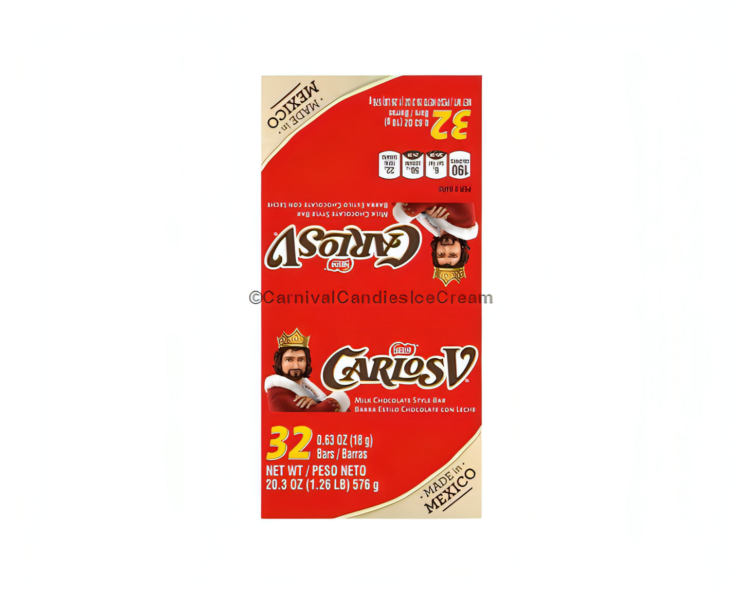 Nestle Carlosv Stick Milk Chocolate box, 32 count, featuring Mexican candy with smooth flavor and chalky texture.