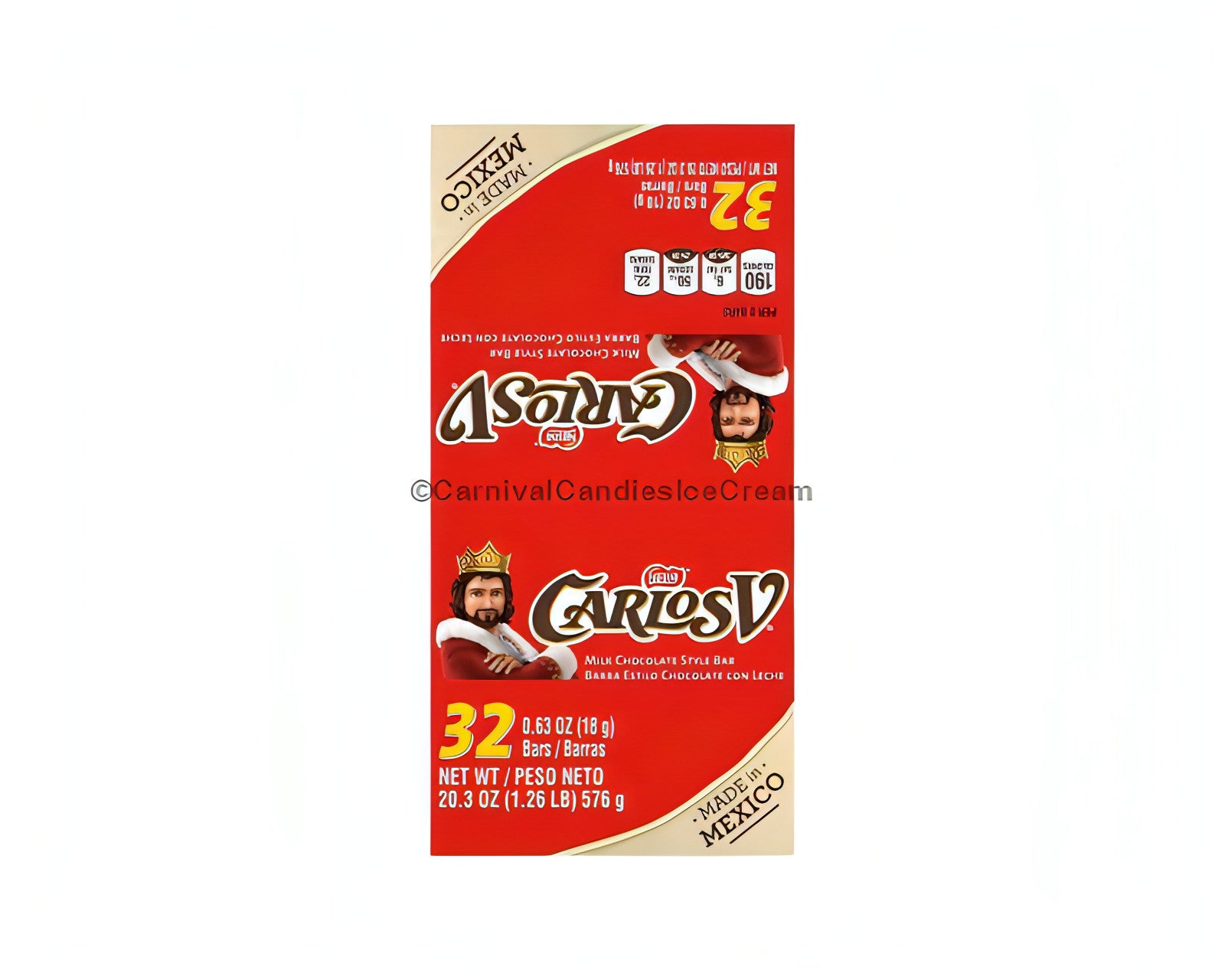 Nestle Carlosv Stick Milk Chocolate box, 32 count, featuring Mexican candy with smooth flavor and chalky texture.