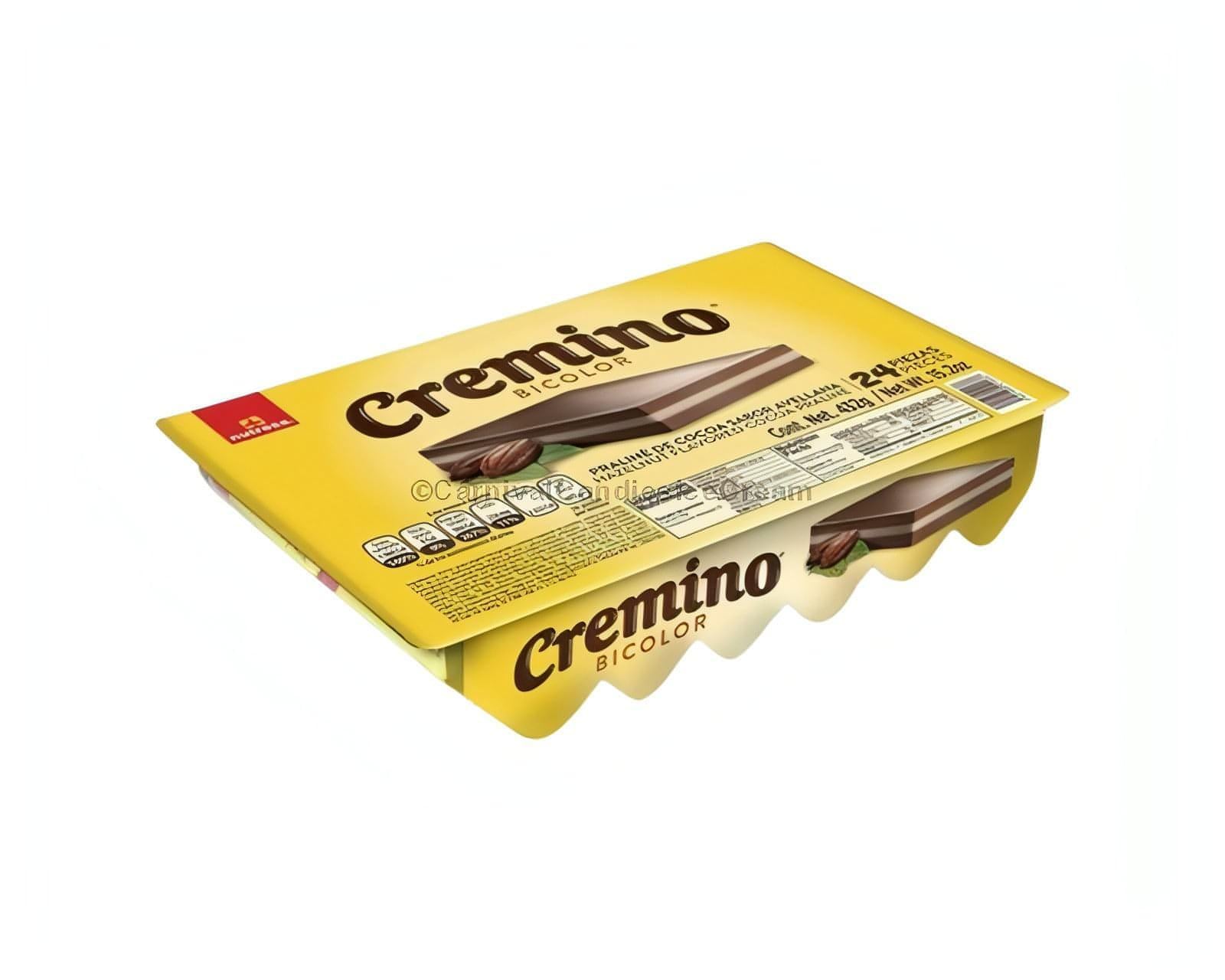 Nutresa Cremino Bicolor Praline chocolate bar packaging, 24 count, featuring gianduja and hazelnut layers, Mexican candy bulk.