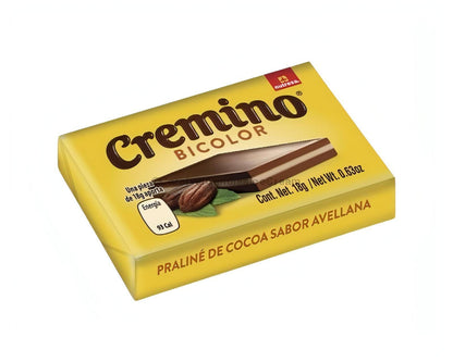 Nutresa Cremino Bicolor Chocolate Bar packaging showcasing praline flavor, ideal for bulk Mexican candy.