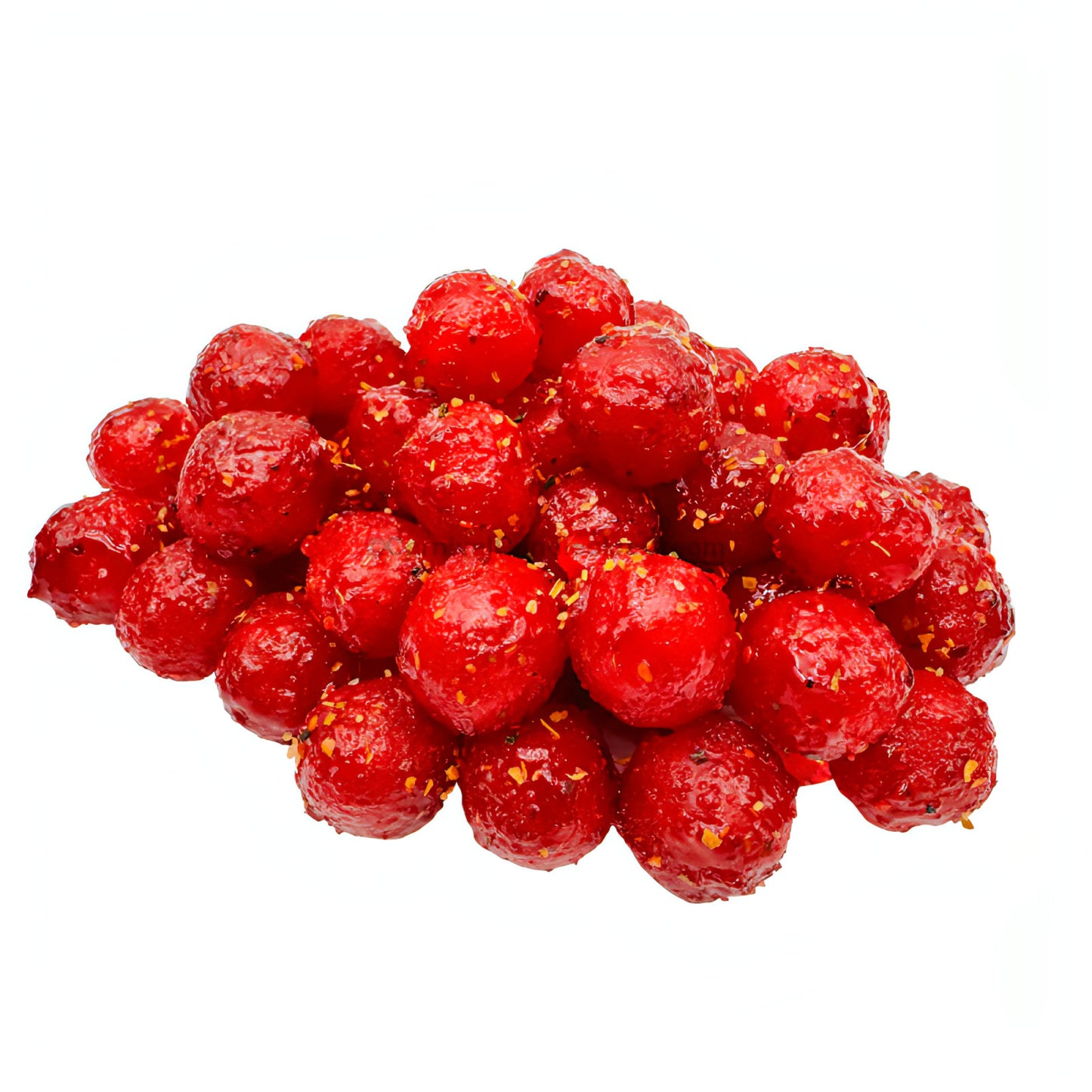 Oy Chamoy! Chamoy Covered Sour Cherry Bites piled together, showcasing their vibrant red color and tangy coating.