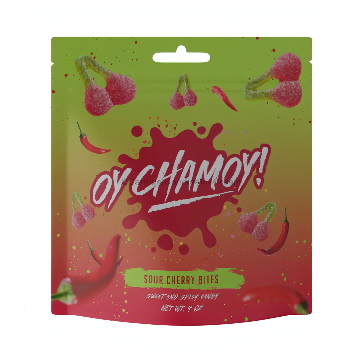 Oy Chamoy! Sour Cherry Bites package, featuring spicy and tangy flavors in a vibrant design.