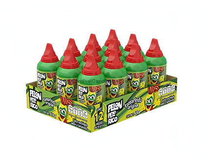 Pelon Pelo Rico Tamarindo in bulk, 12 count Mexican candy bottles with a spicy and tangy flavor.