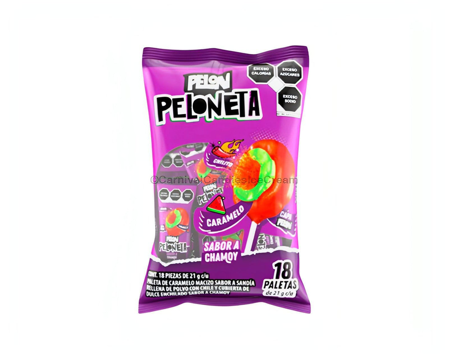 Pelon Peloneta Chamoy Lollipops pack, featuring 18 count of bulk Mexican candy with watermelon and chili flavors.