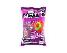 Pelon Peloneta Chamoy Lollipops pack, featuring 18 count of bulk Mexican candy with watermelon and chili flavors.