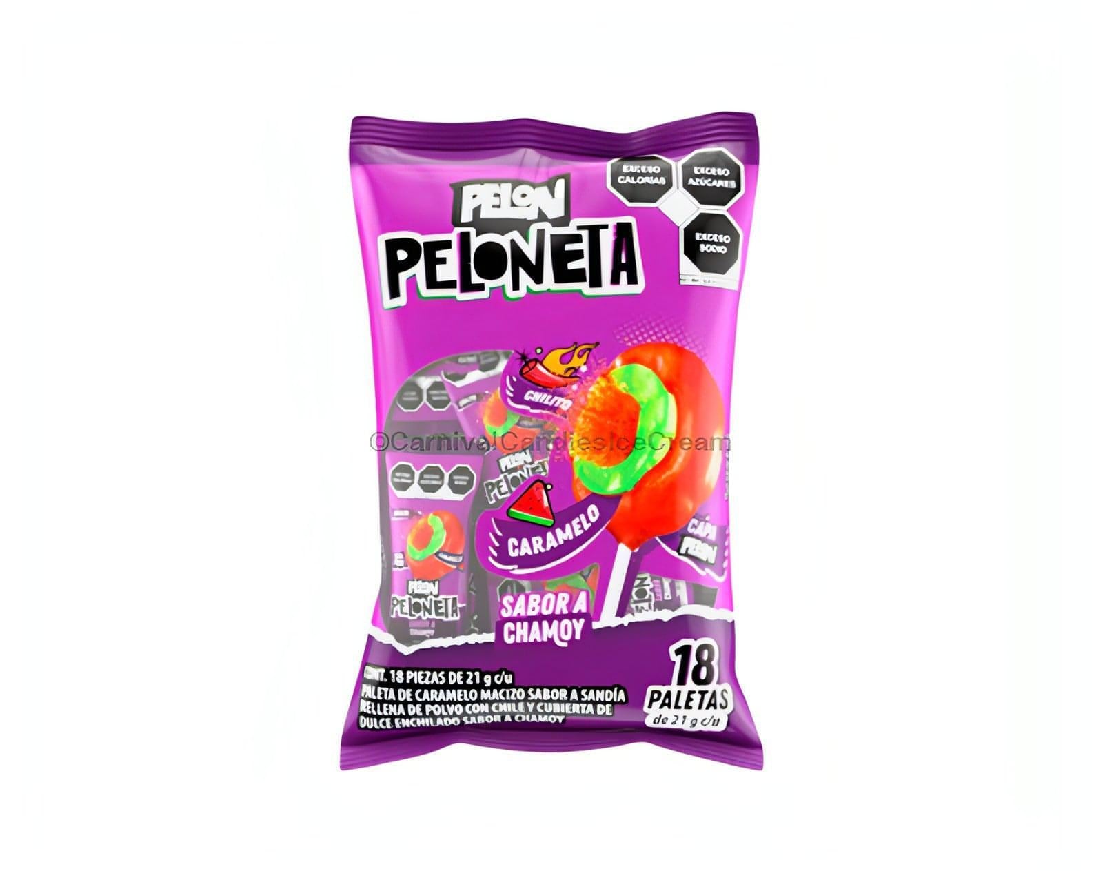 Pelon Peloneta Chamoy Lollipops pack, featuring 18 count of bulk Mexican candy with watermelon and chili flavors.