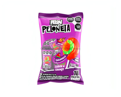 Pelon Peloneta Chamoy Lollipops pack, featuring 18 count of bulk Mexican candy with watermelon and chili flavors.