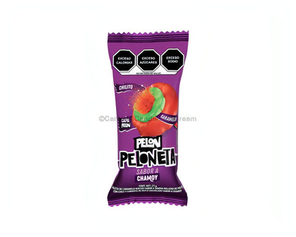 Pelon Peloneta chamoy lollipop, sweet watermelon and chili flavor, bulk Mexican candy, vibrant packaging.