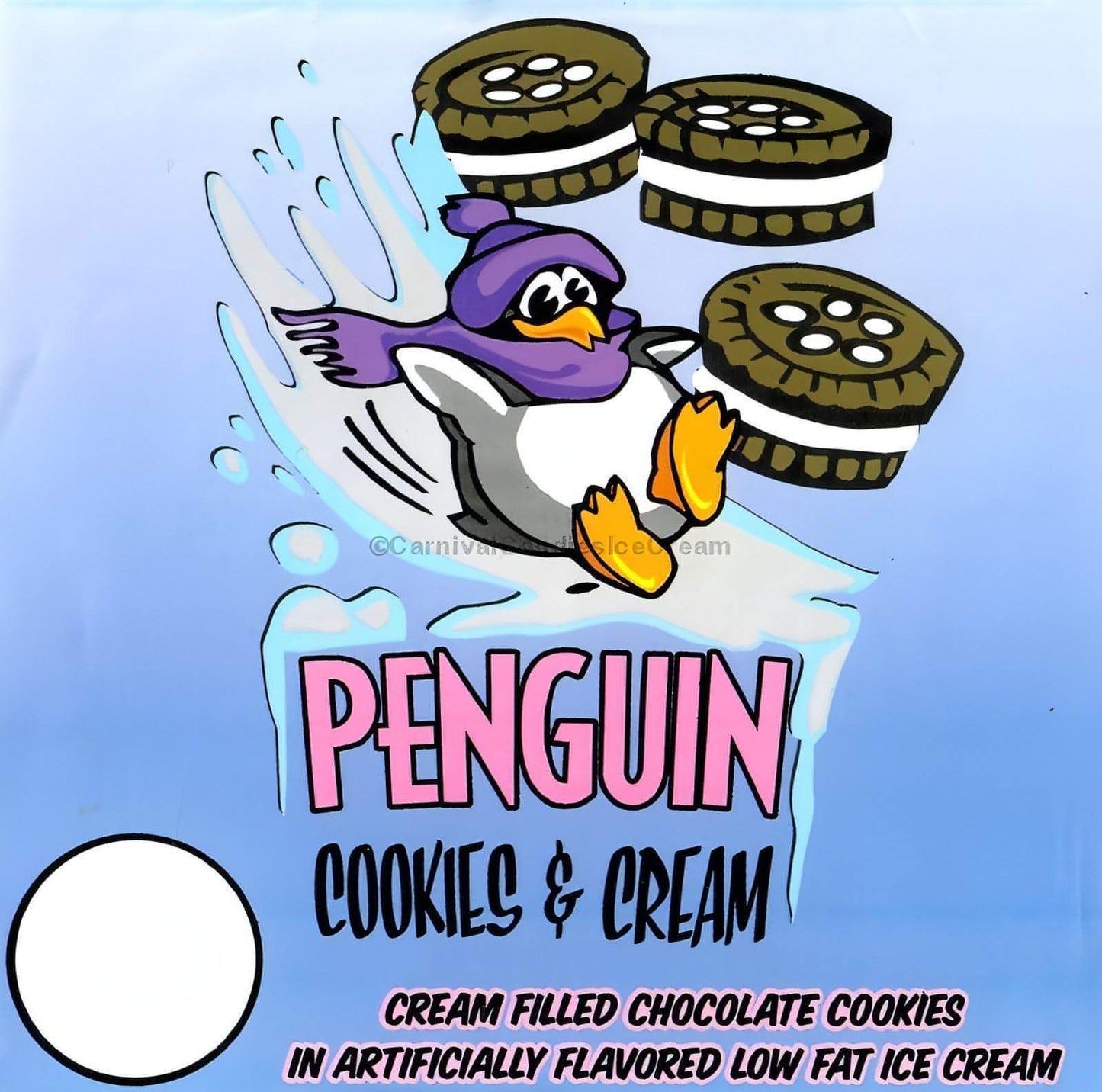 Penguin Cookies & Cream Cup featuring ice cream-filled cookies, perfect for bulk ice cream lovers, local pick-up only.