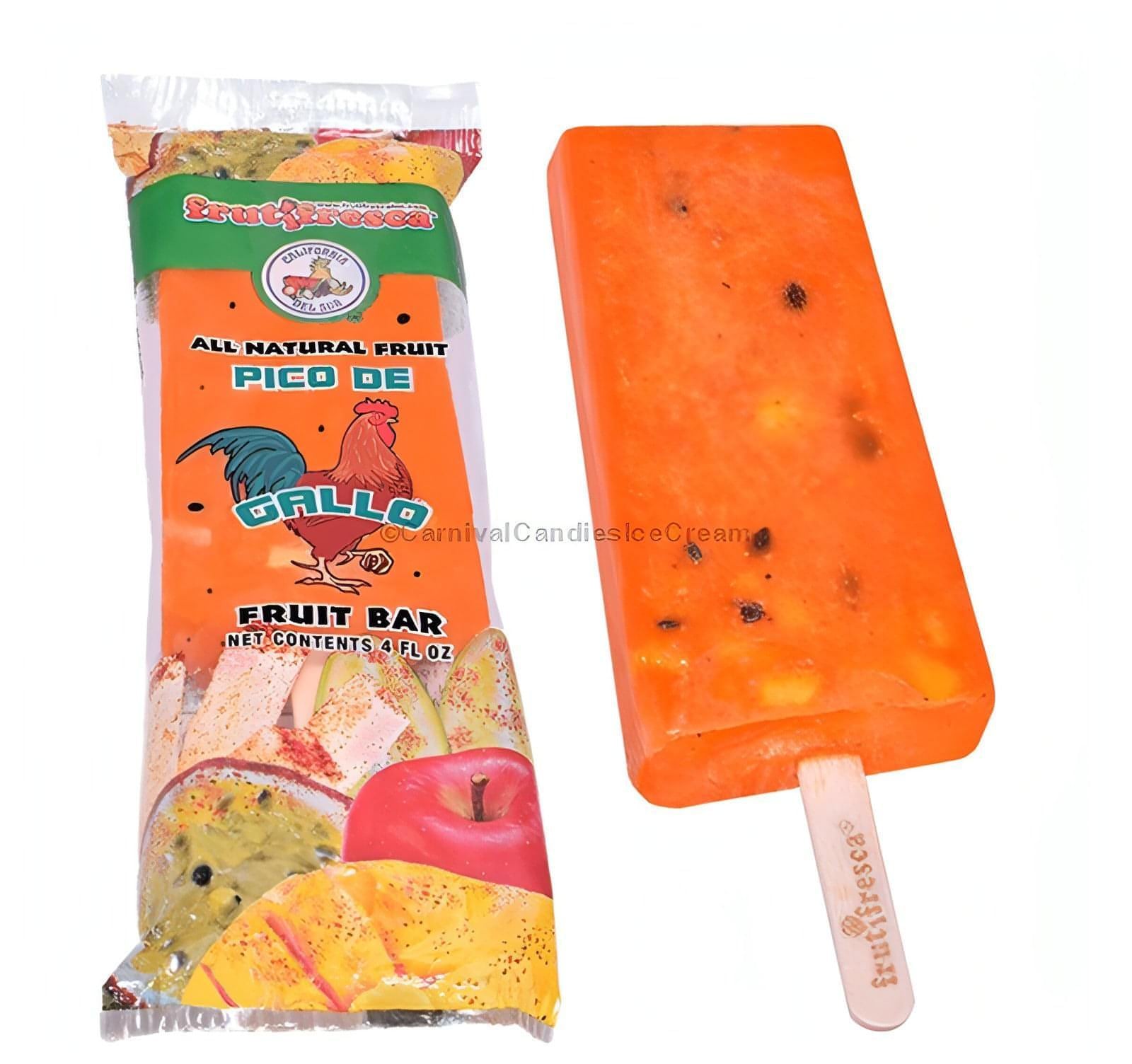 Vibrant Pico De Gallo fruit bar and packaging, available in a 12 count for local pick-up, ideal for bulk ice cream lovers.