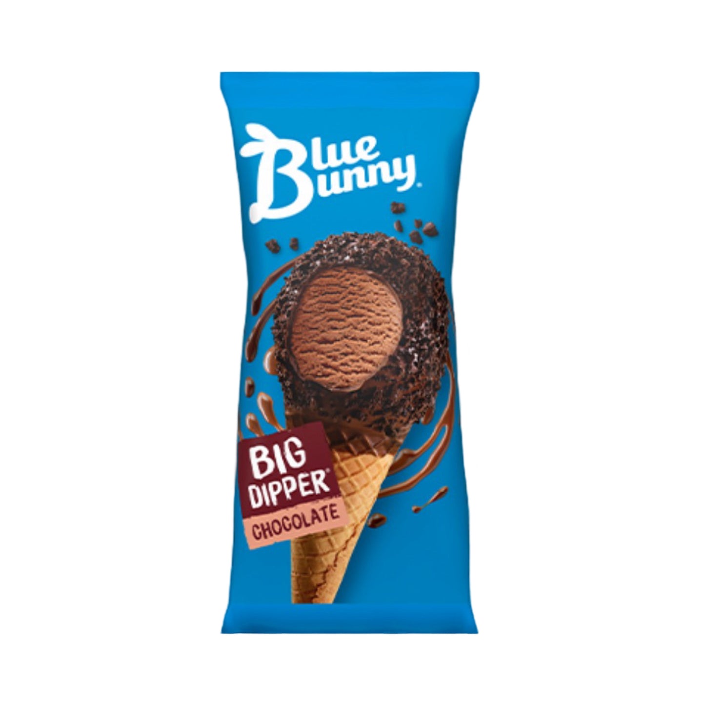 Blue Bunny Big Dipper Chocolate Ice Cream Cone in packaging, perfect for summer treats. Available in bulk.