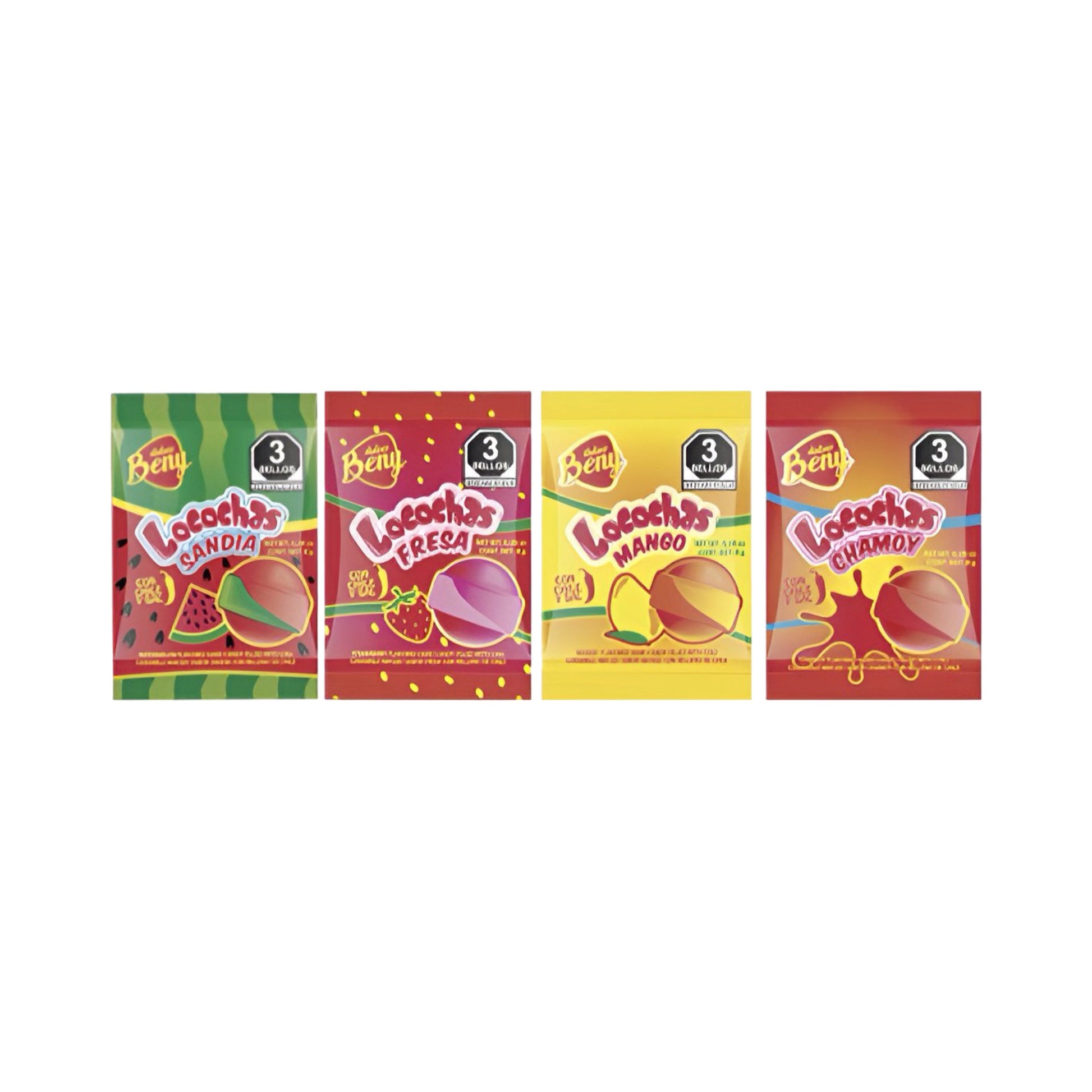 Beny Locochas Mix hard candy variety pack featuring flavors: Watermelon, Strawberry, Mango, and Chamoy.
