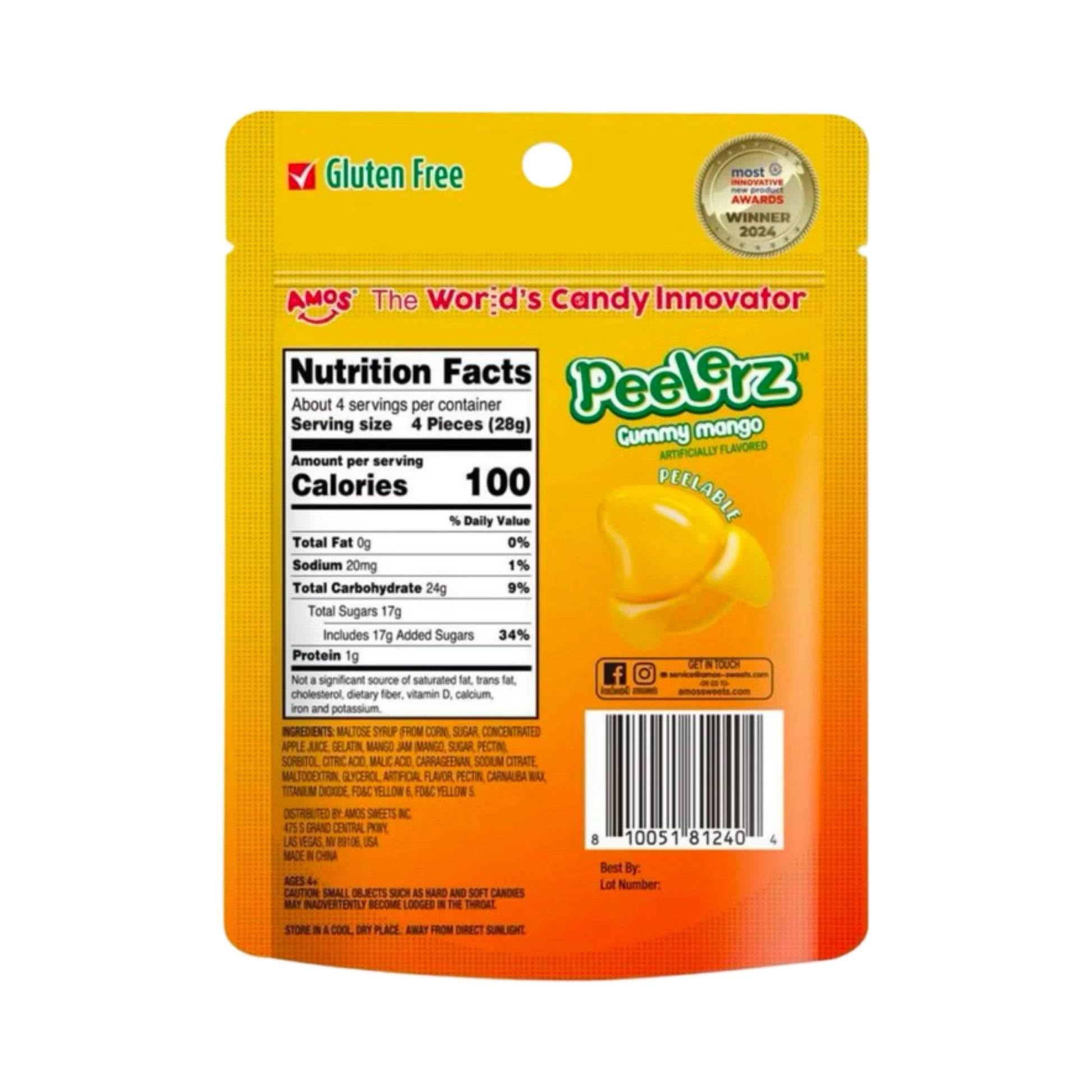 Peelerz Peelable Gummy Mango 6 Oz package showing nutrition facts, gluten-free label, and vibrant mango design.