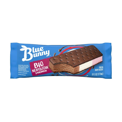 Blue Bunny Big Neapolitan Ice Cream Sandwich in package, featuring vanilla, chocolate, and strawberry ice creams, bulk ice cream option.