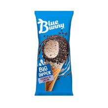 Blue Bunny Big Dipper Cookies & Cream Ice Cream Cone package featuring chocolate-coated cone and vanilla ice cream.