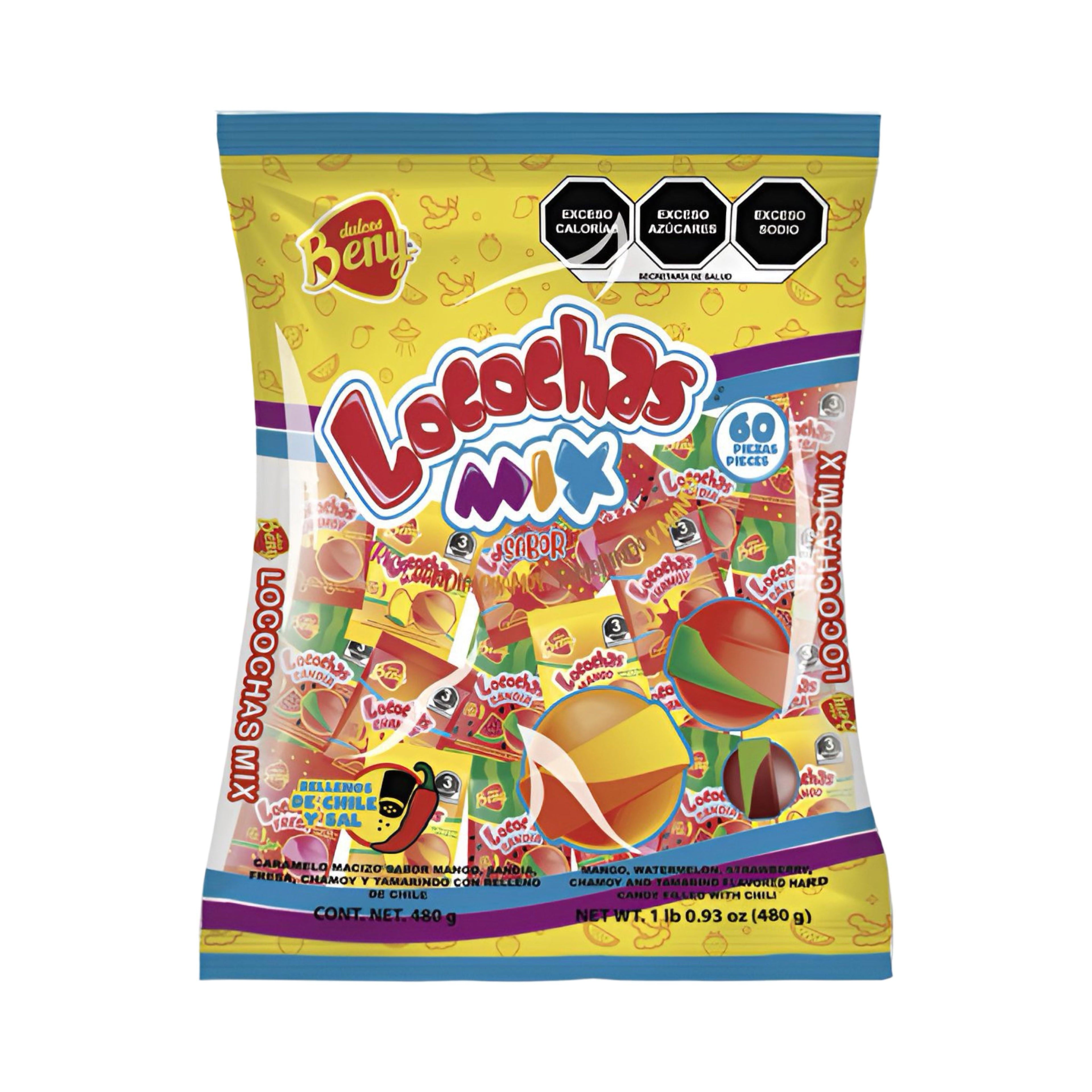 Beny Locochas Mix 60 Count bag featuring flavorful Mexican candy in Mango, Watermelon, Strawberry, and Chamoy.