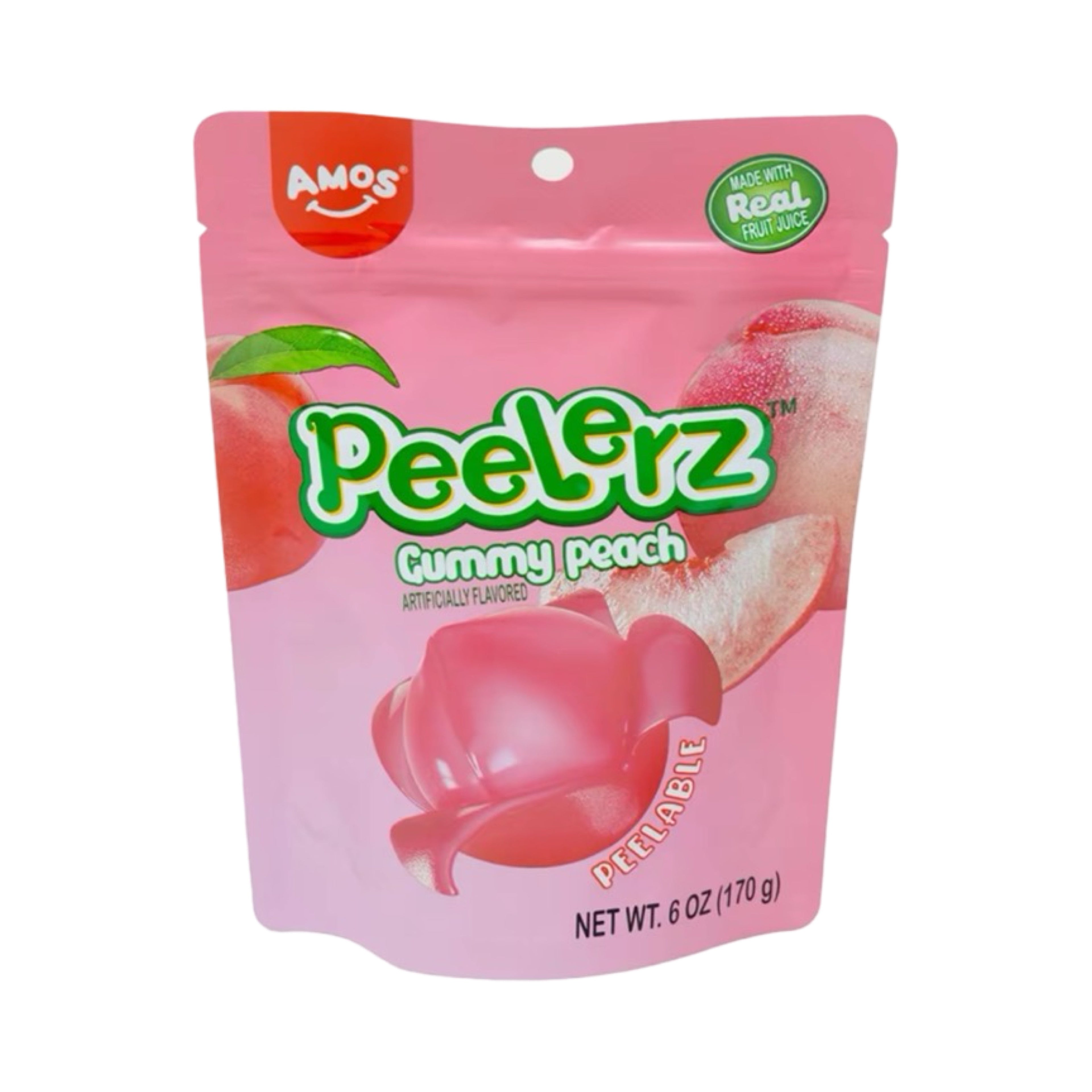 Peelerz Peelable Gummy Peach 6 Oz packaging featuring a pink design and peach graphics, perfect for a fun candy treat.
