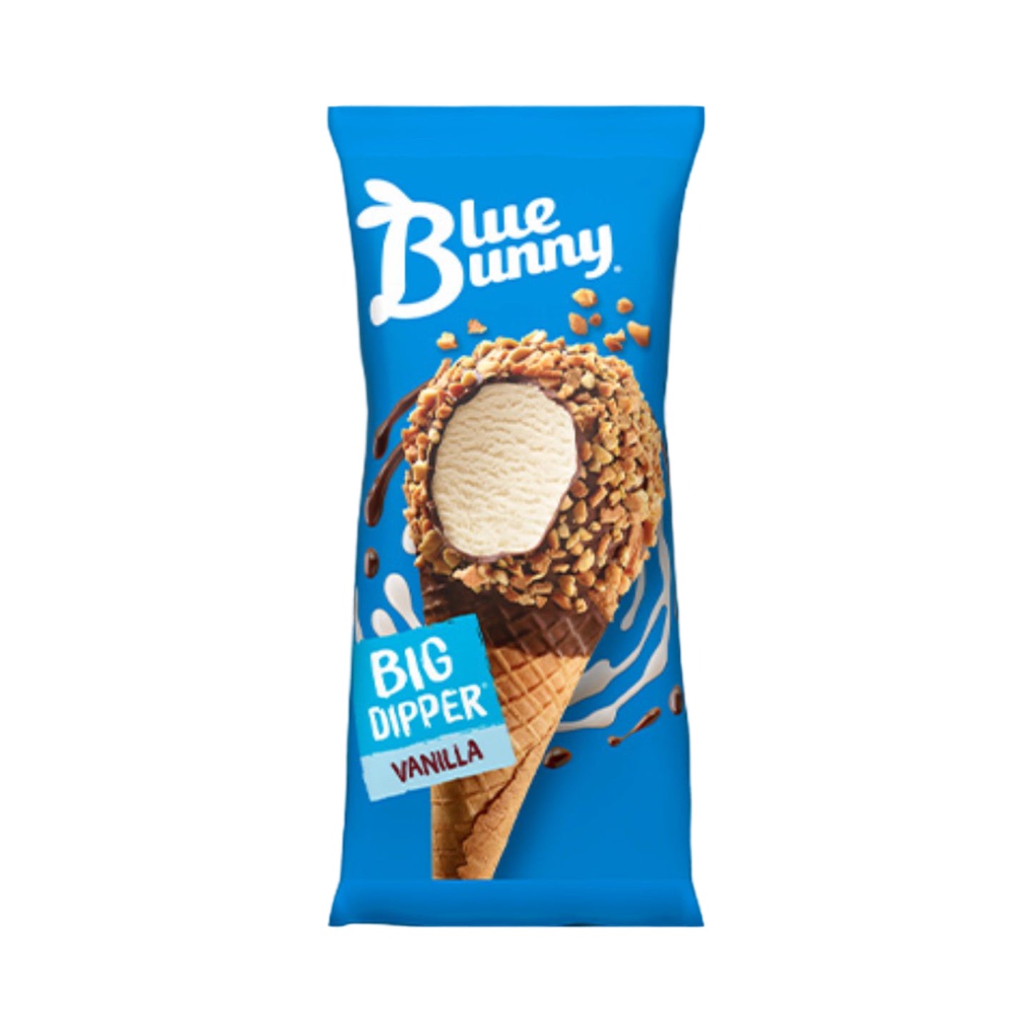Blue Bunny Big Dipper Vanilla Ice Cream Cone packaging, featuring premium vanilla ice cream in a crunchy cone.