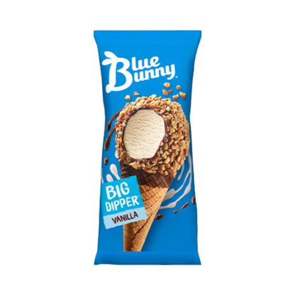 Blue Bunny Big Dipper Vanilla Ice Cream Cone packaging, featuring premium vanilla ice cream in a crunchy cone.