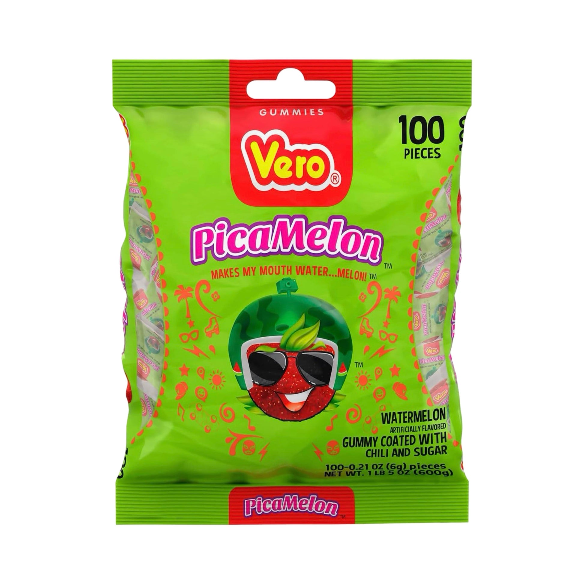 Vero Pica Melon gummy candy package, watermelon-flavored with chili and sugar, 100 count, popular Mexican candy in bulk.