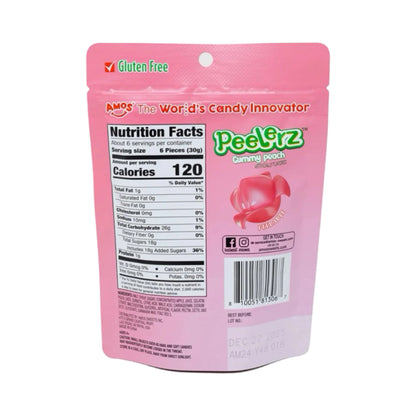 Back of Peelerz Peelable Gummy Peach 6 Oz bag showing nutrition facts and gluten-free label.