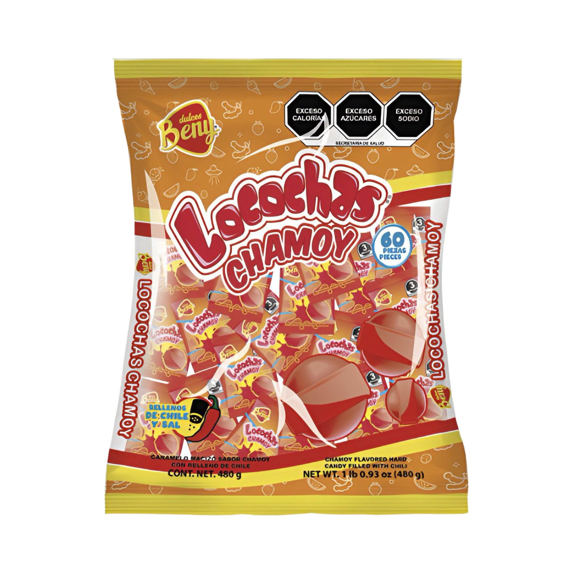 Beny Locochas Chamoy 60 count pack of chamoy flavored hard candy with chili powder center, perfect for Mexican candy bulk.