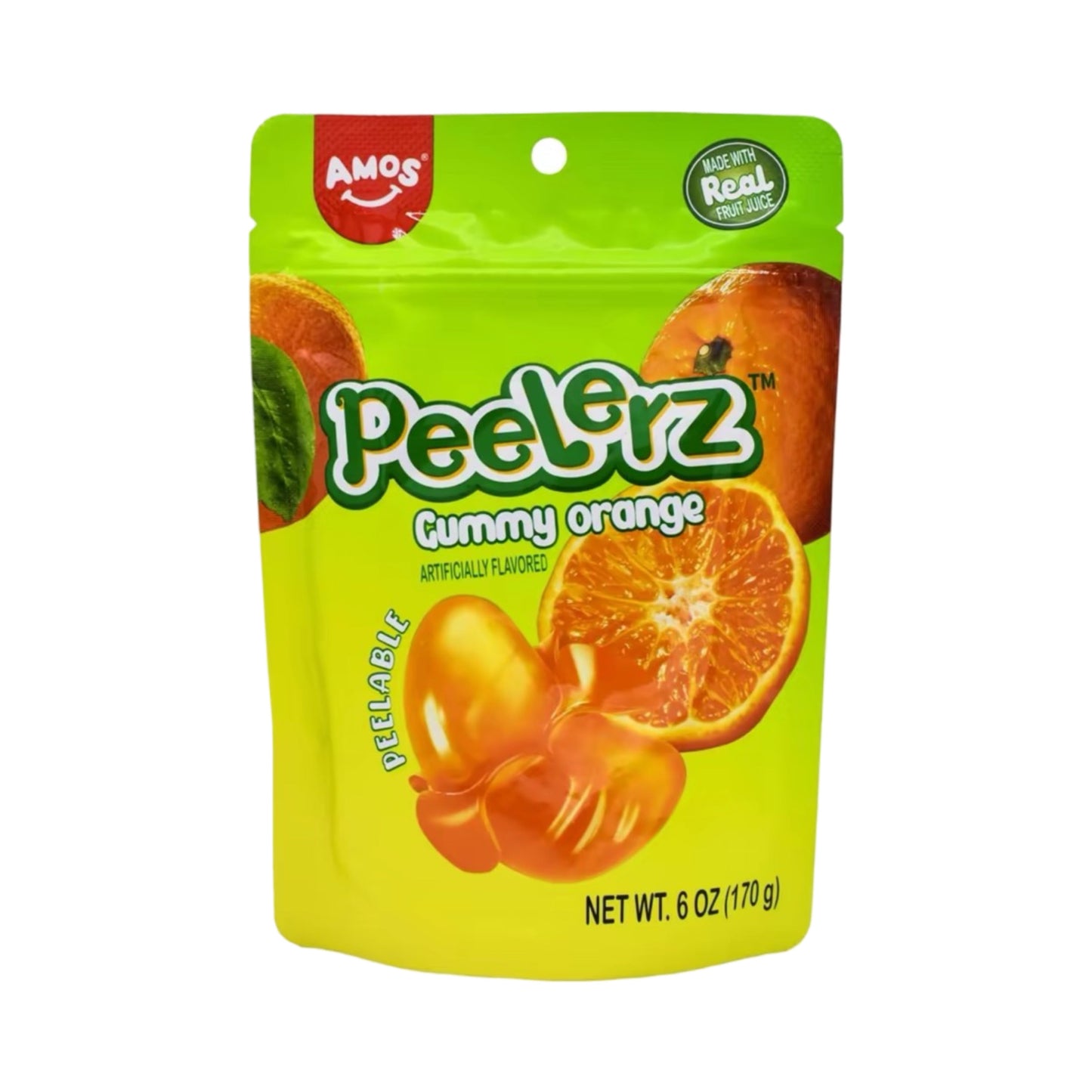 Peelerz Peelable Gummy Orange 6 Oz bag featuring vibrant orange gummies and playful packaging.