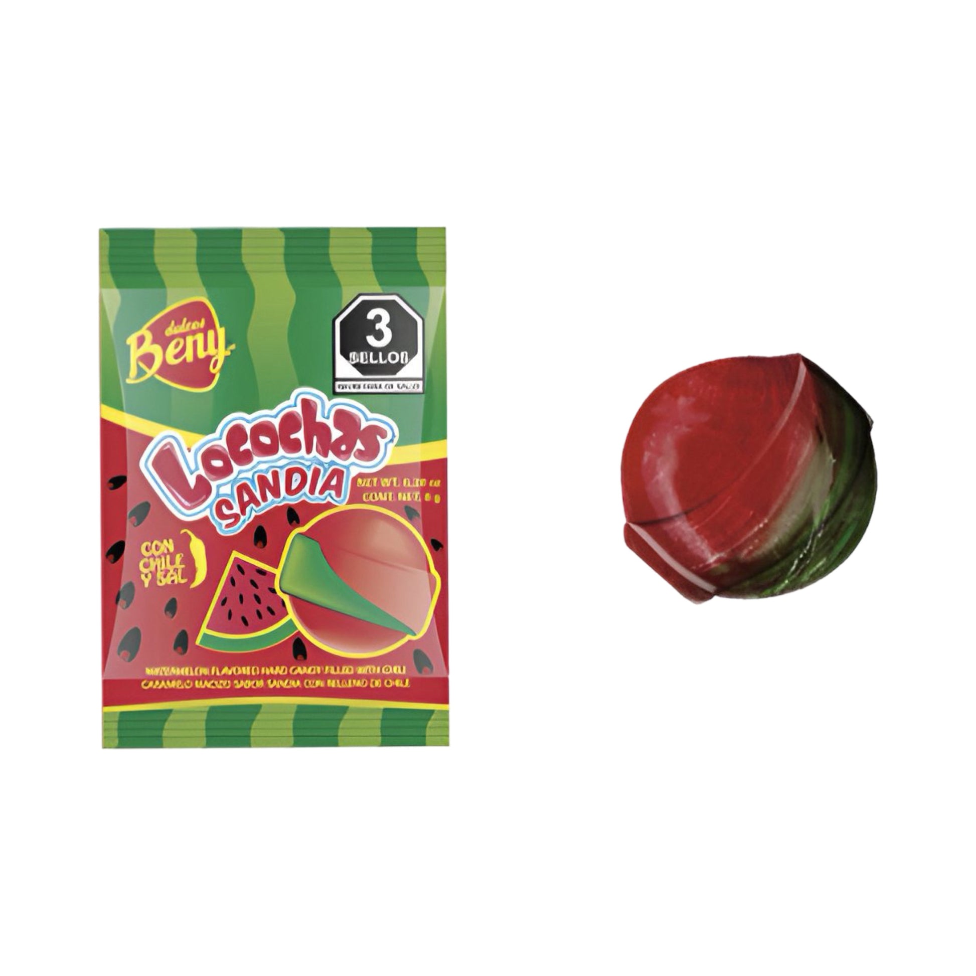 Beny Locochas Sandia watermelon flavored hard candy with chili powder center, bulk Mexican candy pack of 60.