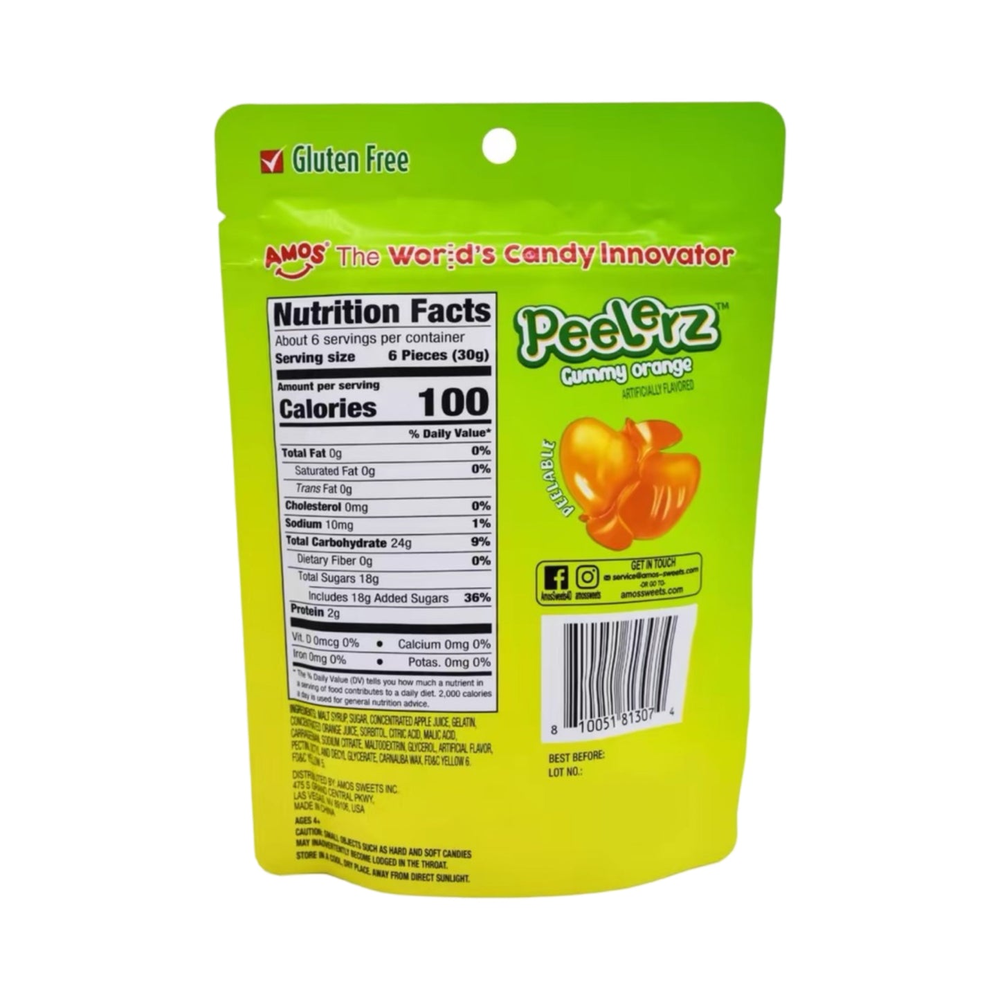 Peelerz Peelable Gummy Orange nutritional facts label, gluten-free, 6 oz bag with calories and ingredients.