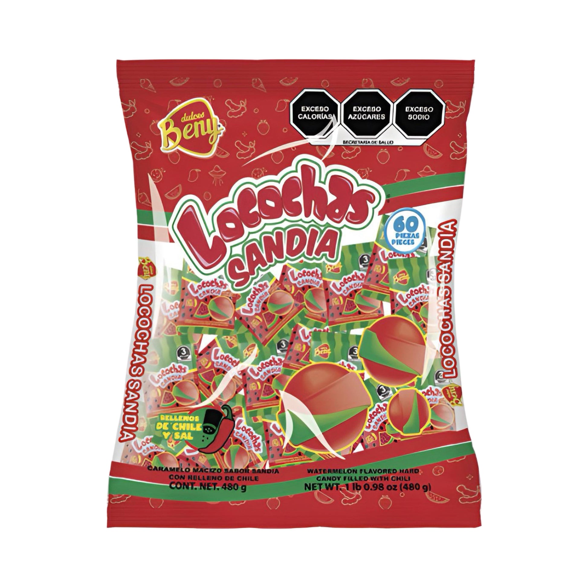 Beny Locochas Sandia watermelon flavored hard candy with chili center, 60 count bag, Mexican candy bulk.