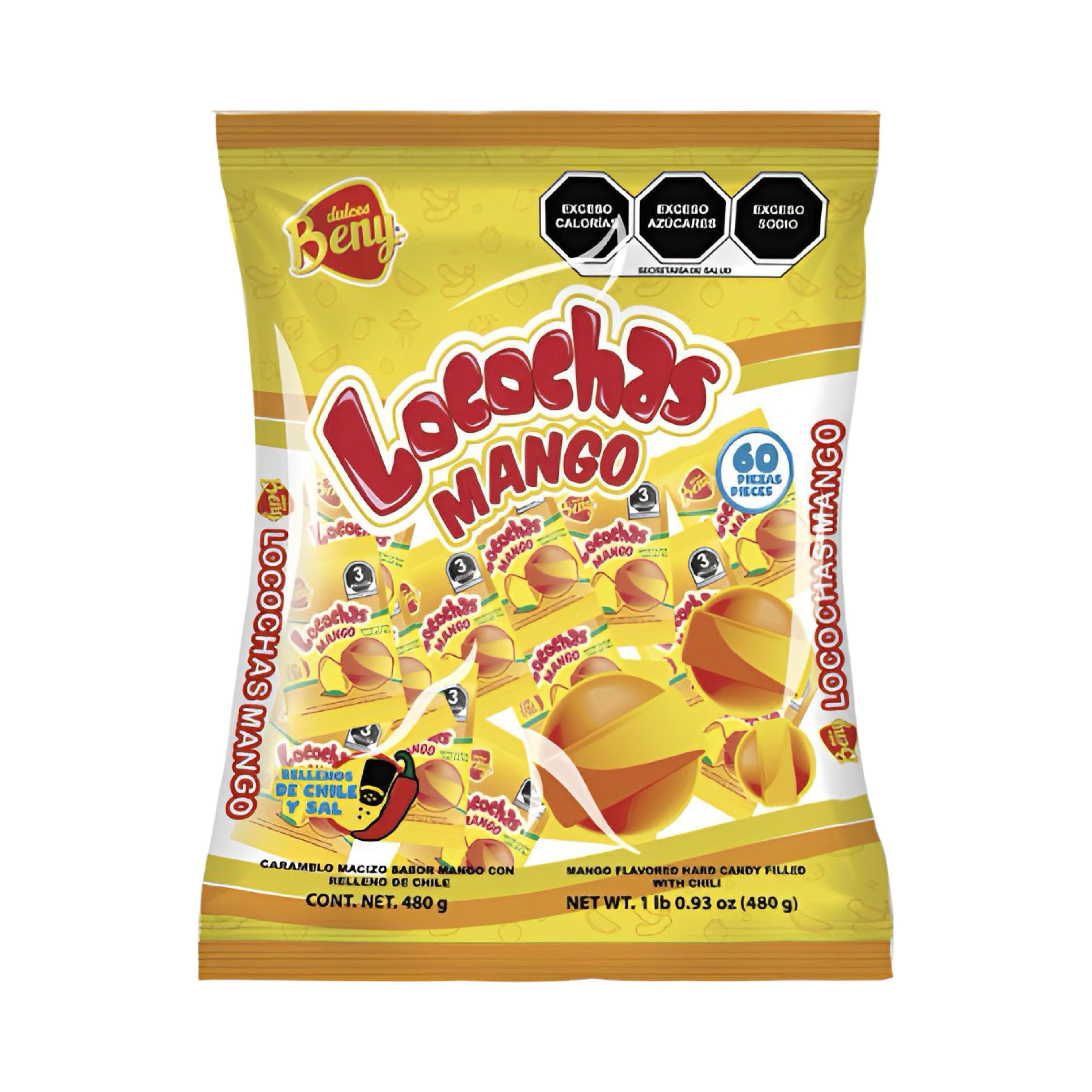 Beny Locochas Mango hard candy bag with chili powder center, 60 count, Mexican candy bulk for flavorful snacking.