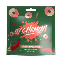 Oy Chamoy! Sour Watermelon Rings 4 Oz bag showcasing spicy and sweet Mexican candy with vibrant graphics.