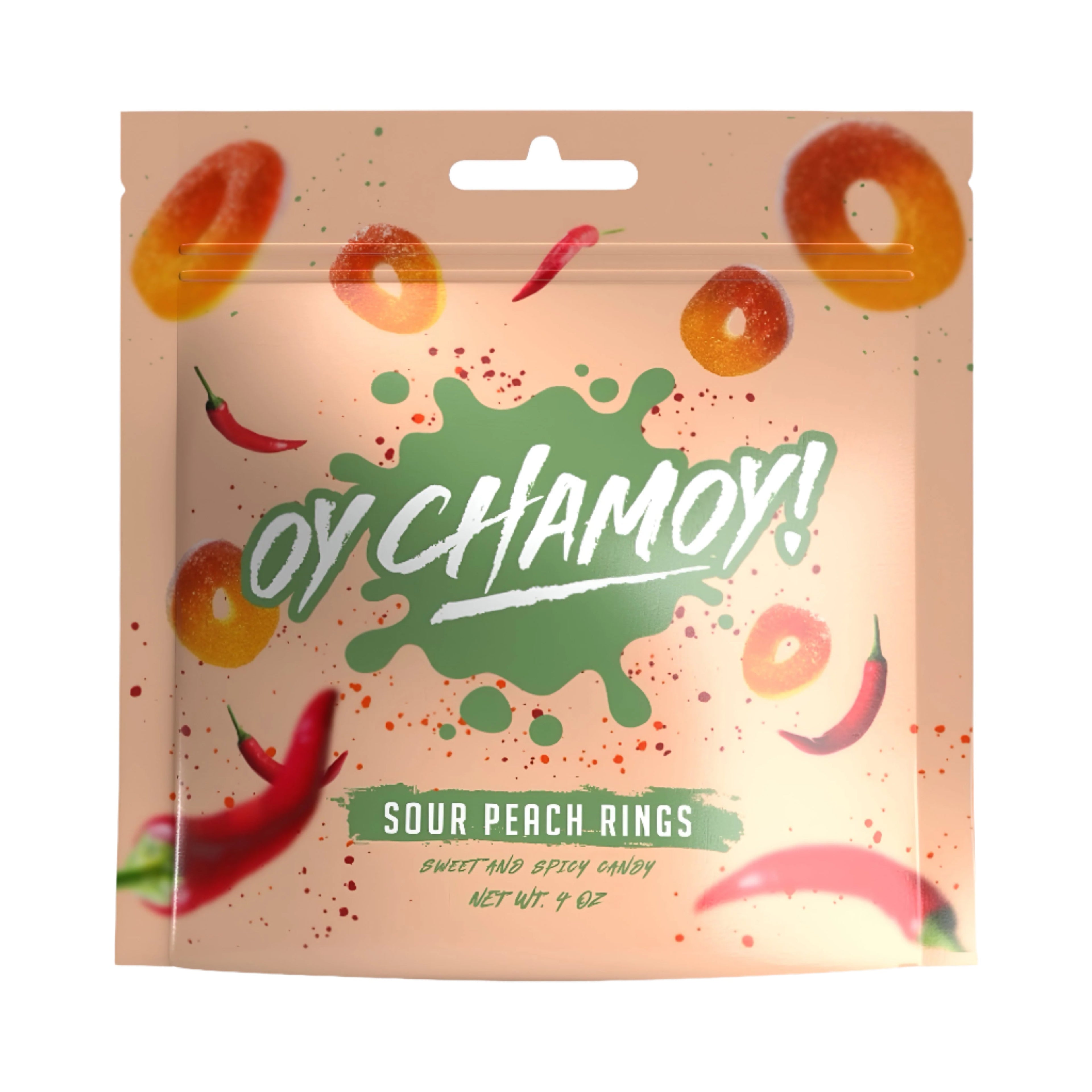 Oy Chamoy! Sour Peach Rings pouch, Mexican candy featuring sweet and spicy peach-flavored gummy rings.