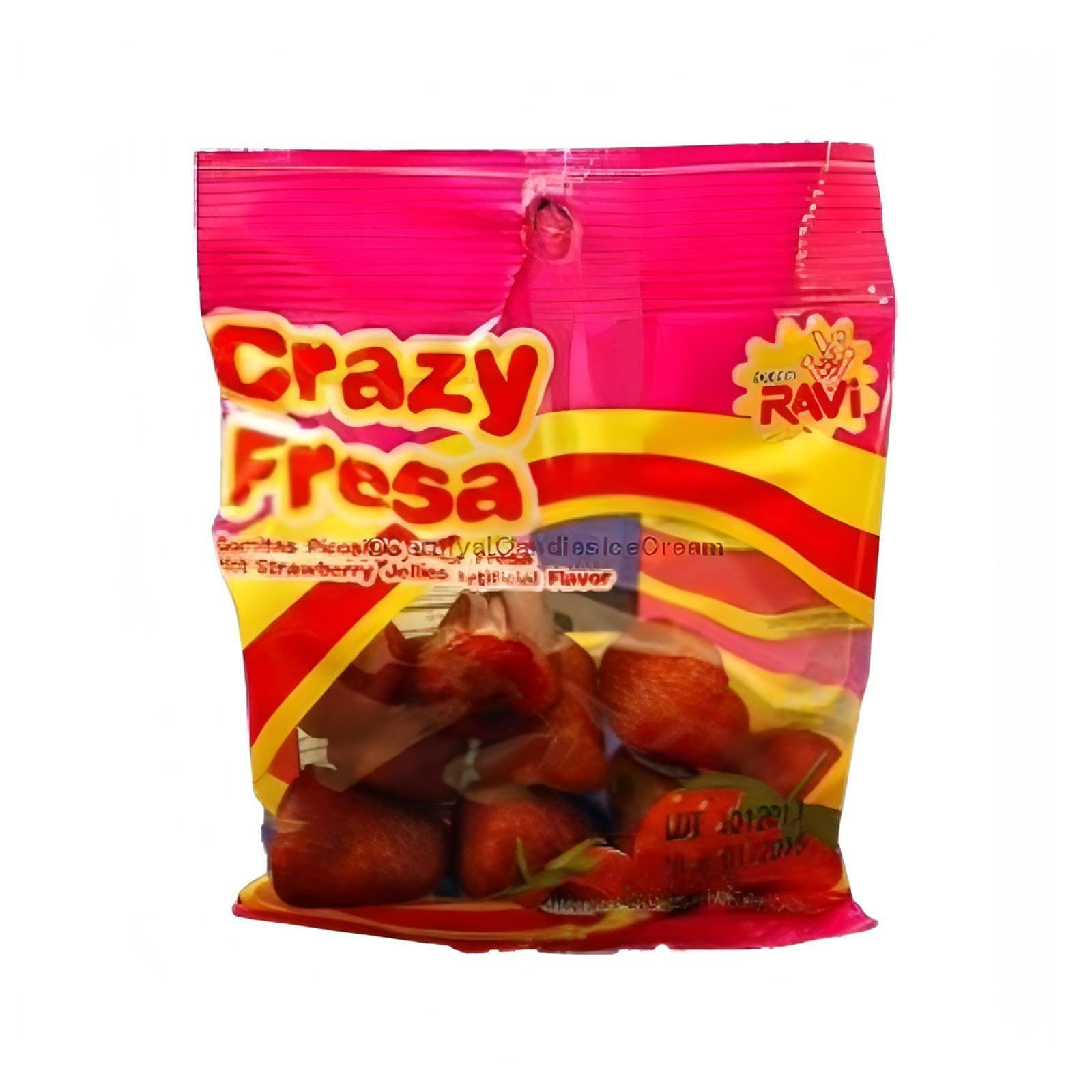 Ravi Crazy Fresa candy pack showcasing jelly-like strawberry candy with chili powder, perfect bulk Mexican candy option.