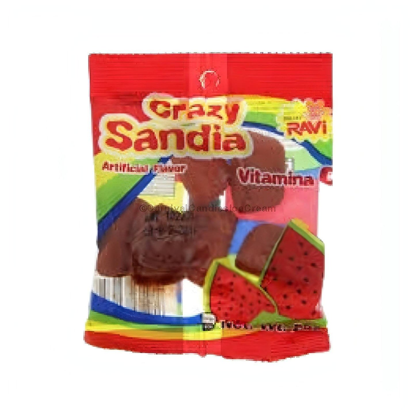 Ravi Crazy Watermelon candy pack featuring jelly-like pieces with chili seasoning, ideal bulk Mexican candy for sharing.